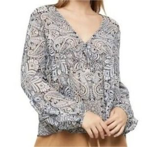 BCBGeneration Blue Paisley V-Neck Tie Front Peplum Blouse Long Sleeve Top L
